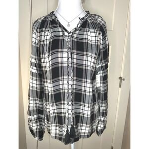 Dip Women Black White Plaid Tassel Tie Neck Blouse Top XS New‎ NWT